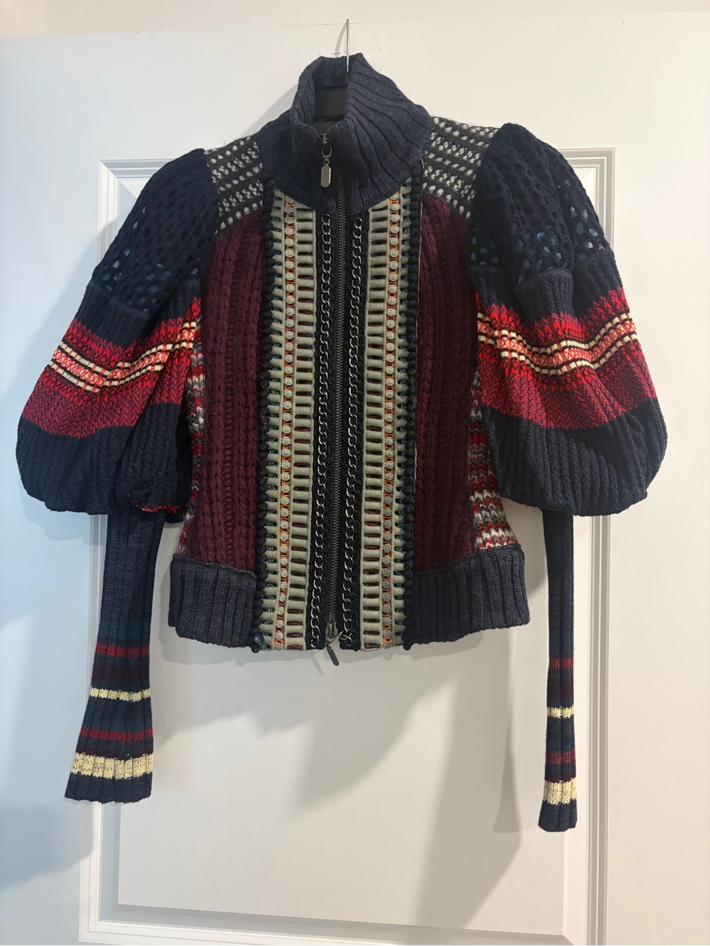 Chunky Knit Zip Front Jacket - Navy & Burgundy by Byron Lars